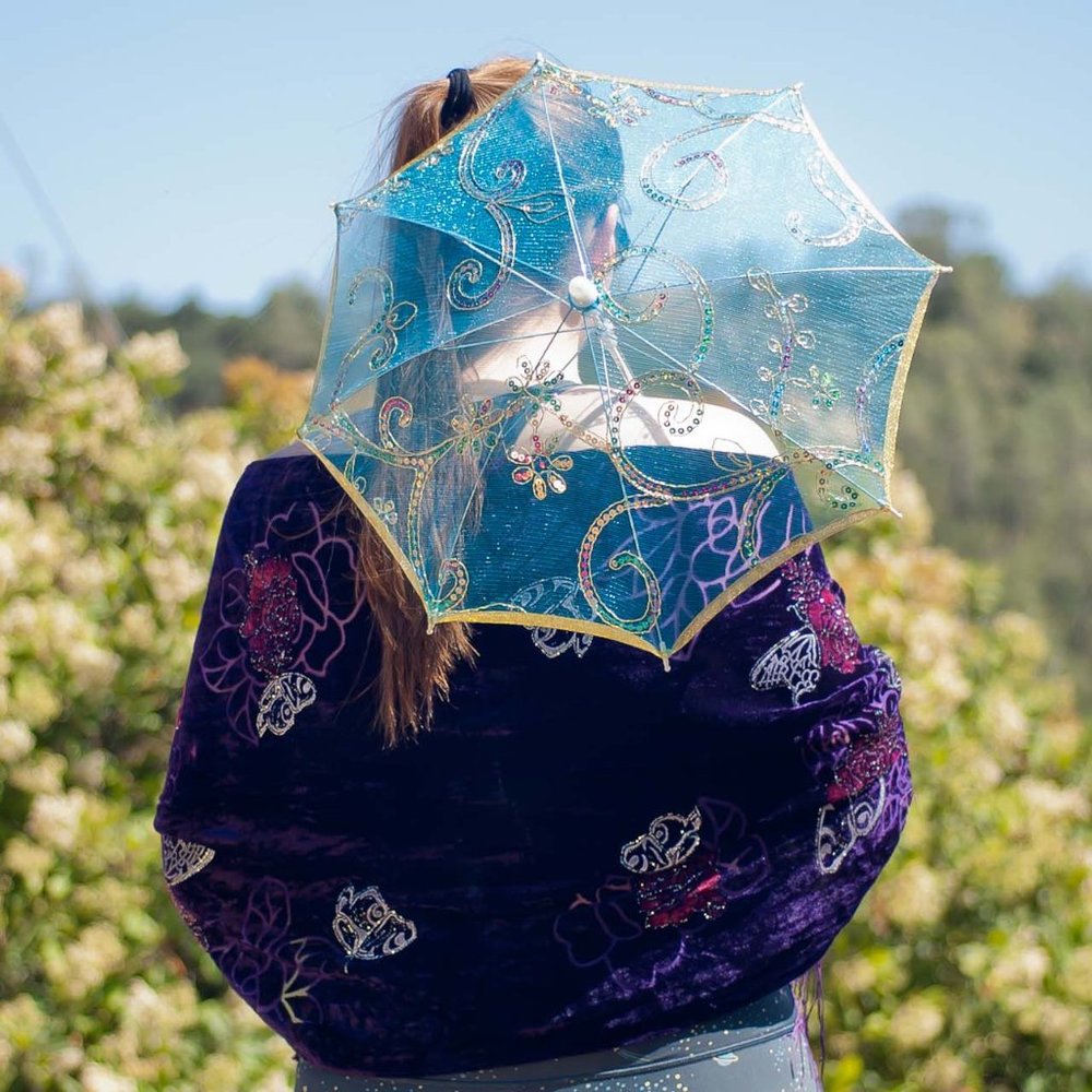 Blue Floral Swirl Sequin Mesh Parasol Umbrella